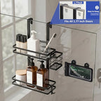 Over the Door Shower Caddy Hanging, Rustproof Shower Shelves with Waterproof Phone Pouch, 2-Tier Adjustable Bathroom Organizers and Storage, No Drilling Shower Shelf, Black Shampoo Soap Holder - size: 2 Tier