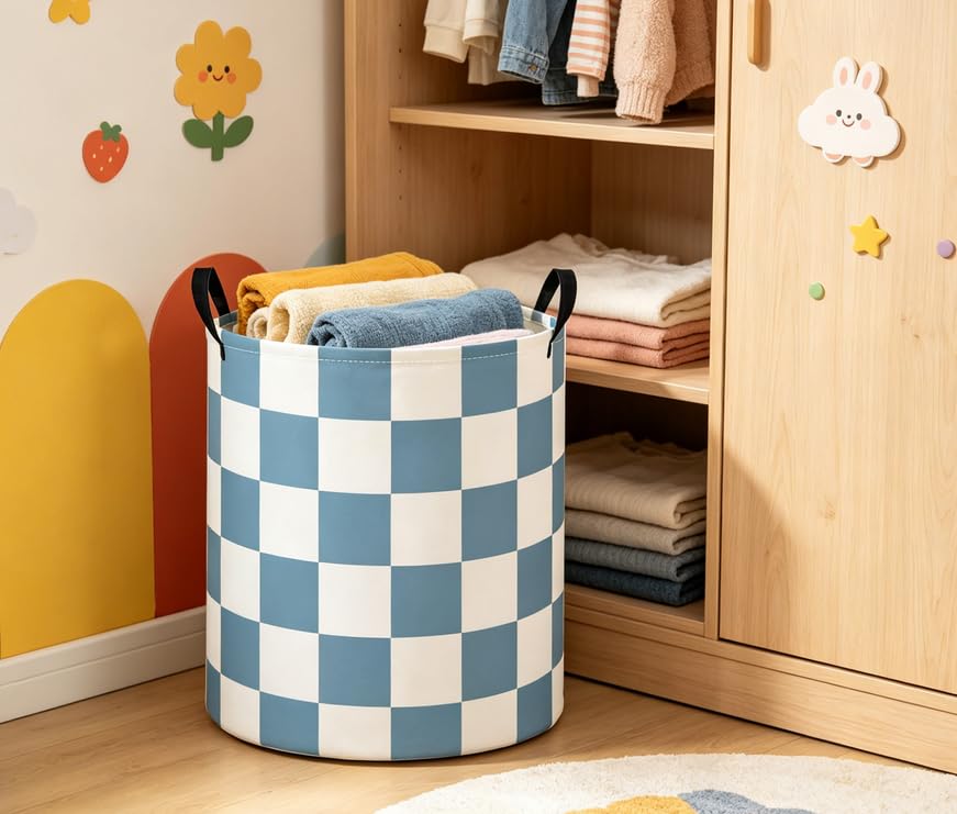 Baby Laundry Basket Baby Nursery Hamper Kids Laundry Basket Toy Storage Bin for Boys Room Decor Gift Baskets for Bedroom Bathroom(Blue Checkered) - color: Blue Checkered