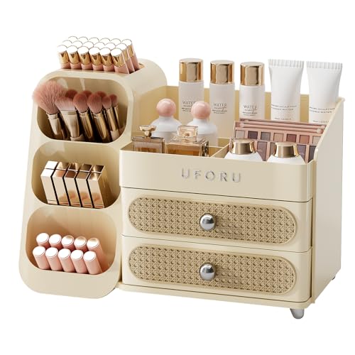 Makeup Organizer for Vanity with Brush Holder, Large Plastic Bathroom Countertop Skincare Organizer with 2 Drawers, Spacious Cosmetic Display Case for Perfumes, Eyeshadow Palettes, Nail Polishes - color: Beige, size: Large