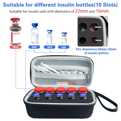 Insulin Peptide Vial Storage Case - Vial Holder for Fridge - 10 Slots Insulin Vial Case for 10ml and 3ml Vials，Black，（case only）
