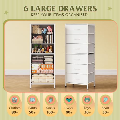 WLIVE Tall White Dresser for Bedroom, 6 Drawer Vertical Fabric Dresser, Skinny Chest of Drawers for Closet, Narrow Storage Tower with Wood Top and Metal Frame, Tall Nightstand for Small Spaces - color: White, size: 11.73"D x 15.67"W x 39.37"H