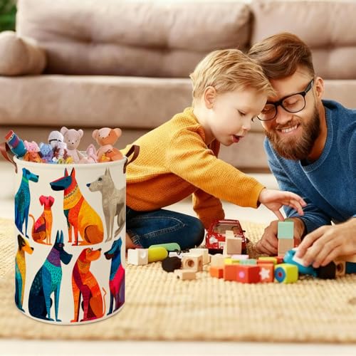 Laundry Basket 15.7 x 19.7 Inch Foldable Fabric Clothes Hamper with Colorful Cartoon Dog Pattern Leather Handles Storage Bin for Kids Bedroom Laundry Room and Pet Owner Home Décor - color: Colorful585