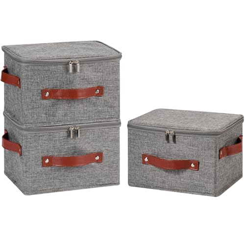 3PCS Storage Bins Boxes with Zippered Lids Cotton Linen Fabric Decorative Basket PU Leather Handles PP Plastic Board Foldable Lidded Clothing Shelf Closet Organizer Container (Gray, Small) - color: Gray, size: Small ( Pack of 3 )