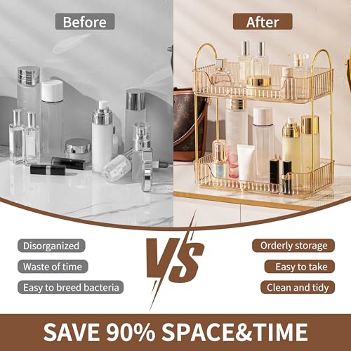 YCIA&DONE Bathroom Organizer Countertop, Makeup Storage, Skincare Cosmetic Tray Shelf, Perfume Holder Rack for Vanity Counter, Large Capacity, Easy to Install, Clean, 2 Tiers, Amber Gold - color: Amber Gold, size: 2-Tier
