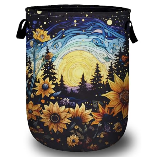 Starry Sky Sunflower Laundry Basket, Moon Flower Laundry Hamper Collapsible Oxford Cloth with Handle Clothes Toy Storage Bin for Bathroom Laundry Room Bedroom 15.7 X 20 Inch - color: Starry Sky Sunflower Moon