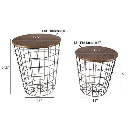 Lavish Home End Tables Set of 2 - Nesting Tables with Removable Wood Tops and Metal Basket Bases for Blanket Storage - Round Side Pieces for Living Room, Bedroom, or Home Office (Brown/Black) - color: Round Brown