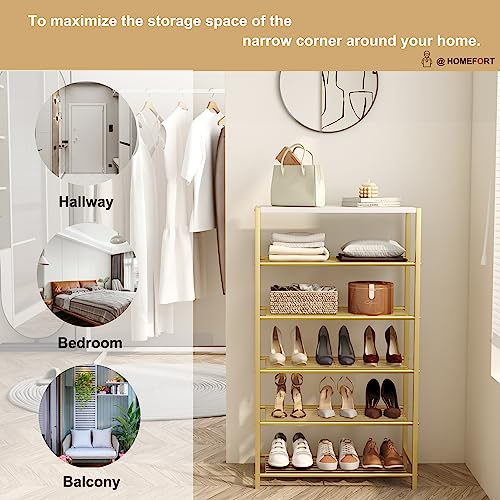 HOMEFORT Shoe Rack 6-Tier, Shoe Storage Shelf, Industrial Shoe Tower, Narrow Shoe Organizer for Closet Entryway, Small Shoe Rack Table with Durable Metal Shelves,Gold - color: Gold, size: 6-Tier (11.8"D x 23.23"W x 40.55"H)