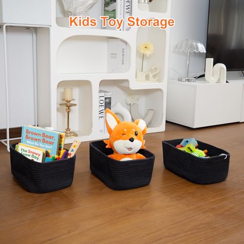 Small Storage Baskets for Organizing, Woven Storage Bins for Shelves, Gift Basket Empty, Baby Rope Basket, Dog Toy Storage, Cute Decorative Closet Organizer, 13.2x8.2x5.2”, 3Packs Black - color: Black, size: M