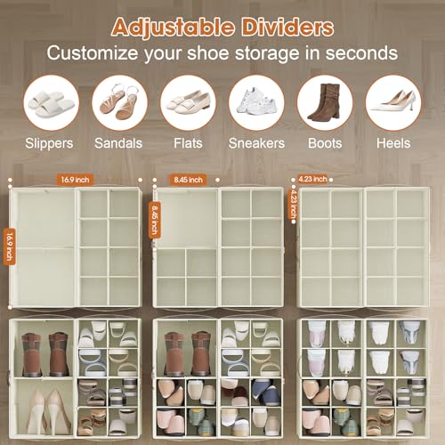 Shoe Organizer for Closet, 2-Pack Foldable Shoe Storage Box with Adjustable Dividers & Clear Cover, Fits 16 Pairs, Beige, Durable and Space-Saving - color: Beige, size: 2 Pack