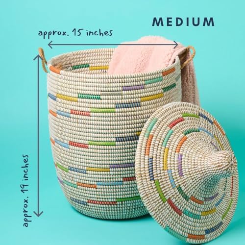 Wicker Laundry Basket, Colorful Pattern on White, 15" Wide, 19" Tall - size: Medium