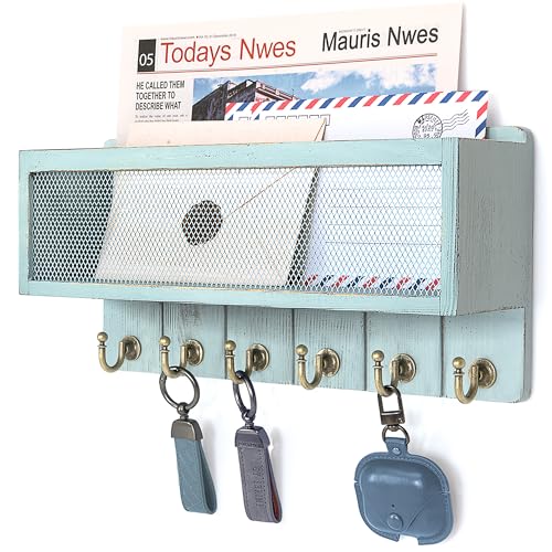 Rebee Vision Pine Wood Key Holder Wall Mount – Key Holder for Wall with Hooks and Mail Basket for Entryway – Home Improvement Gift Wooden Storage Shelf for Keys & Letters (Blue) - color: Blue