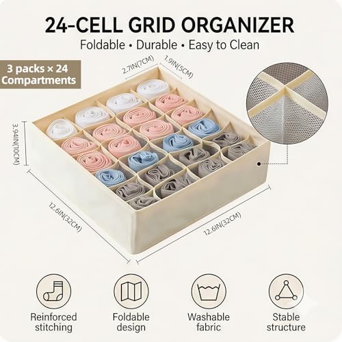 Beige 24 Grid 3 Pack Foldable Underwear Sock Storage Organizer, Non-Woven Fabric Closet Drawer Divider Bins for Socks, Ties, Baby Clothes, Dresser & Wardrobe Organization Boxes (Beige 3 Pack) - color: Beige 3 Pack