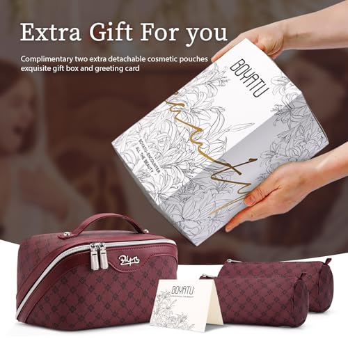 BOYATU Travel Makeup Bag Cosmetic Bags for Women: 3 Pcs Set Large Capacity Make up Bag with Handle - Vegan Leather Toiletry Bags with Compartments - Makeup Organizer for Travel Essentials(A-10-Red) - color: A-910-Red