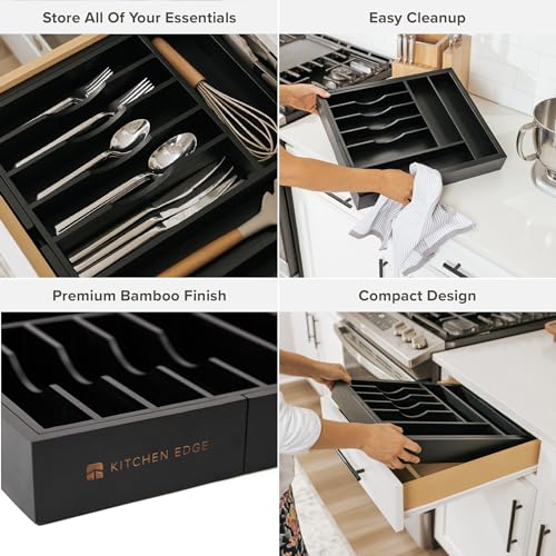 KitchenEdge Premium Silverware, Flatware and Utensil Organizer for Kitchen Drawers, Food-Safe Contract Grade, Expandable from 14.5 to 25 In, Black Bamboo - color: Black Bamboo, size: From 14.5" to 25" wide