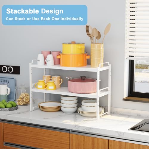 Set of 2 Expandable Kitchen Cabinet Shelves Organizers, Stackable Adjustable Small Storage Shelf Rack Stand For Pantry Cabinet Cupboard Kitchen Counter Organization, 22 lbs Capacity, Length:20.5" - color: White, size: 2 Pack: 12.6"-20.5"L