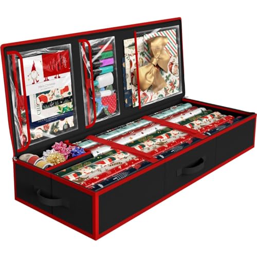 Simple Houseware 41.5" Wrapping Paper Storage Organizer - Fits 40 Rolls with Adjustable Straps, Interior Divider for Ribbons & Bows, 3 Clear Pockets for Gift Bags & Tools, 41.5''L x 16''W, Black - color: Black