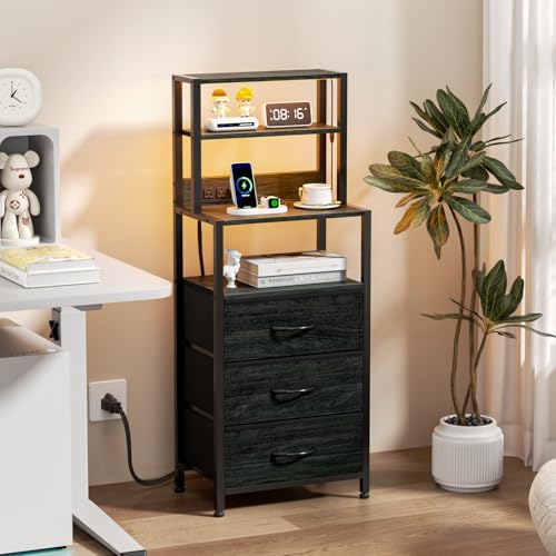Furnulem Night Stand, Tall Nightstand with 4-Tier Shelves and 3 Fabric Drawers, LED Bed Side Tables with Charging Station, Bedside Table for Bedroom, Hallway, Home Office, Black Oak - color: Black Oak, size: 3 Drawer