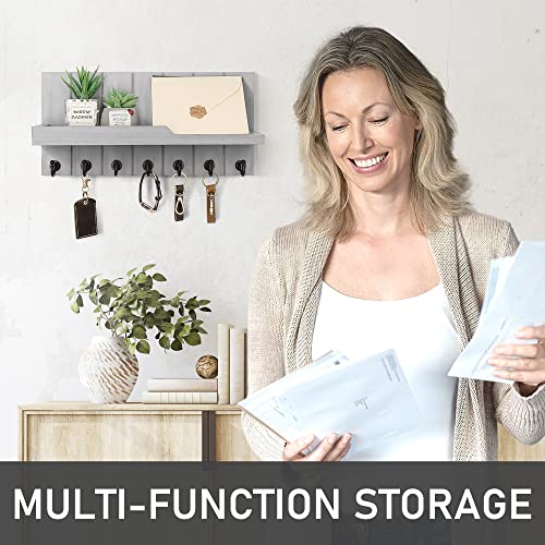Rebee Vision Decorative Key and Mail Holder for Wall - Farmhouse 15 Inches Floating Shelf with 7 Sturdy Key Hooks for Home Entryway Wall Decor - Rustic Key Racks (Gray,15-inch) - color: Gray, size: 15-inch
