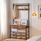 HOOBRO Hall Tree, Entryway Coat and Shoe Rack, 2 Fabric Drawers, Hall Tree with Bench, Shoe and Coat Rack, Coat Rack with Shoe Storage, 4 Tier Shoe Organizer, 9 Hooks, Rustic Brown and Black BF81MT01