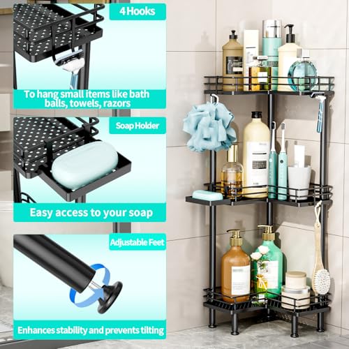 HapiRm Corner Shower Caddy Standing - 3 Tier Shower Organizer Corner with Soap Holder, Rustproof Bathroom Standing Organizer with 4 Hooks, Black - color: Black, size: 3-tier