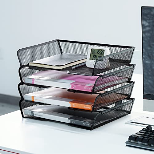4 Tier Mesh Stackable File Trays Letter Trays,Office Paper Organizer for Desk,File Organizers and Storage,Black