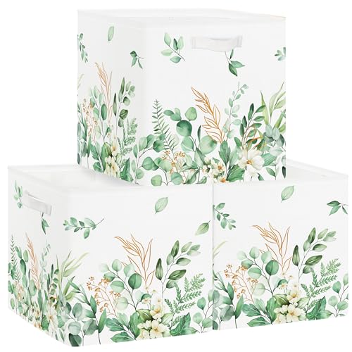 Clastyle 3 pcs Leaf Women Cube Storage Unit Boxes Foldable Kallax Box for Shelves Ladies Girls Storage Baskets for Book Clothes Toy Organizer, Green, 11.8x11.8x11.8 in - color: Green