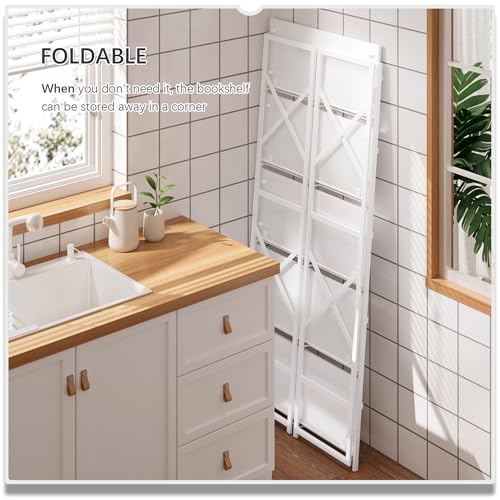 4NM 5 Tiers No Assembly Book Shelves, 51.2" H Folding Bookshelf Bookcase Open Industrial Foldable Shelves for Bedroom, Living Room, Home Office - All White - color: All White, size: XX 5-Tier