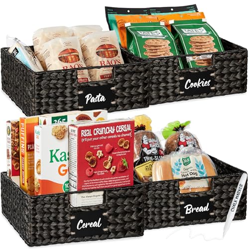 Best Choice Products Set of 4 13x12in Water Hyacinth Pantry Baskets, Woven Organizers w/Chalkboard Label, Chalk Marker - Black - color: Black, size: 13x12x5in