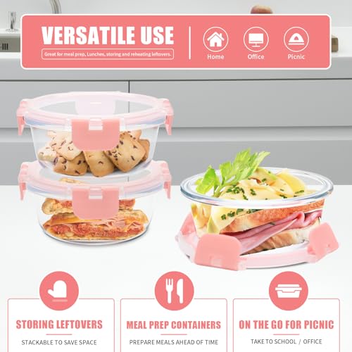 GULFLIN 12 Pack 13oz Small Glass Food Storage Containers with Lids Airtight, Leak-Proof Round Meal Prep Containers Set, Freezer to Microwave Safe, Dishwasher Safe - color: 13oz,Same Size - 12 Pack,Pink Set