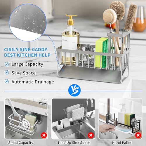 Cisily Sink Caddy Organzier with High Brush Holder, Sponge Holder for Sink, 304 Rustproof Stainless, Kitchen Countertop Soap Dispenser Organizer, Gray Kitchen Decor and Accessories - color: Grey, size: 9.25″