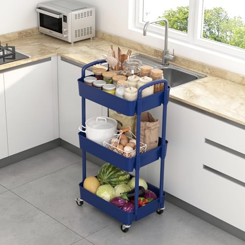 Sywhitta 3-Tier Plastic Rolling Utility Cart with Handle, Multi-Functional Storage Trolley for Office, Living Room, Kitchen, Movable Storage Organizer with Wheels, Blue - color: Blue, size: 3-tier