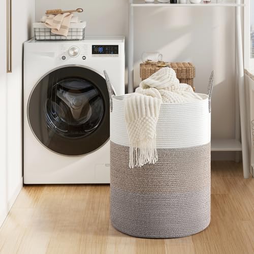 CLHMILY&Z 100L Laundry Basket Round Storage Rope Basket - 18.1x24 Inches - Laundry Hamper in Bedreoom and Mutil Storage Bin for Blankets, Toys, and Nursery Essentials - color: Brown & White, size: 100L