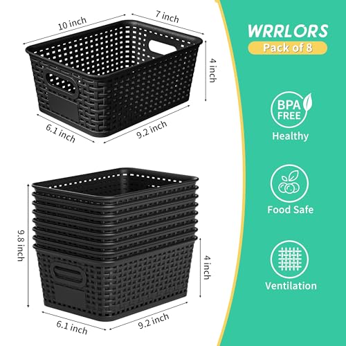 8-Pack Black Plastic Storage Baskets with Lids, Label Organizers, Stackable Organizer Containers: For Organizing Shelves, Drawers, Desk Closets, Playrooms, Classrooms, Offices - color: Black