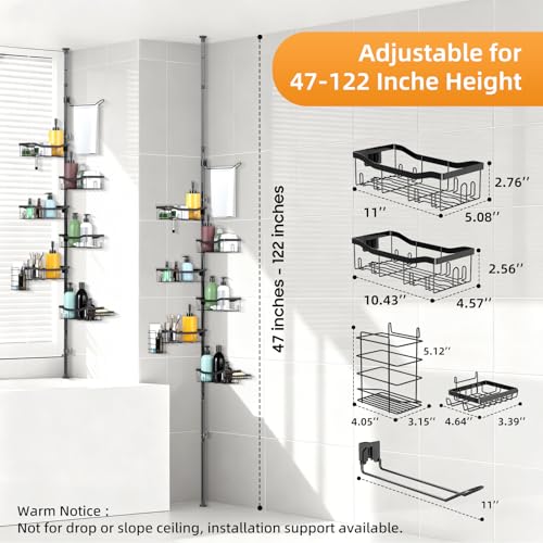 Shower Caddy Corner, 6 Tier Tension Pole Rod Bathroom Organizer Shelves, Adjustable Bathtub Shampoo Stand Rack with Towel Rack 2 Holders for Inside Shower Storage, Floor to Ceiling 47-122 Inch, Black