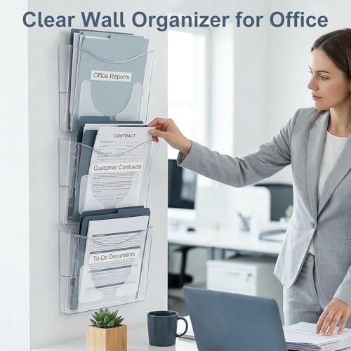 PAG 6-Pocket Clear Wall Mount File Organizer for Office, Vertical Hanging Document Paper Folder Holder for Home, Letter Size Mail Sorter, Transparent Magazine Literature Rack with Mounting Hardware