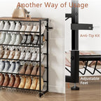 6 Tier Rotating Vertical Shoe Rack Tower, Wooden Shoe Storage Organizer with Hooks, Sturdy Metal Narrow Shoe Shelf for 18-24 Pairs, Vertical Shoe Organizer for Closet Entryway, Rustic Brown - size: 6-tier(27.8 × 11.2 × 38.6)