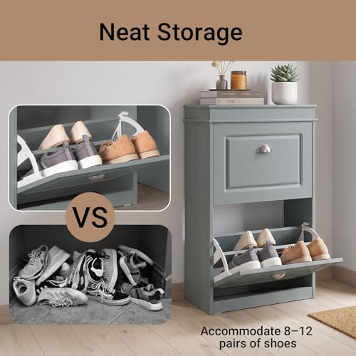 Haotian Small Shoe Cabinet, Grey 2 Flip Drawers Freestanding Shoe Rack, Shoe Storage Cupboard Organizer (9.45" D x 20.87" W x 32.28" H), FSR78-HG - color: Grey, size: 2 Drawers (S)
