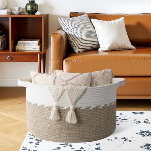 OIAHOMY 105L Blanket Basket for Living Room, Large Basket 23.6" x 23.6" x 14.6" with Handle, Laundry Hamper for Blankets, Pillows, Toy Storage for Kids, Dogs - Light Brown & White - color: Light Brown & White, size: 23.6" x 23.6" x 14.6"