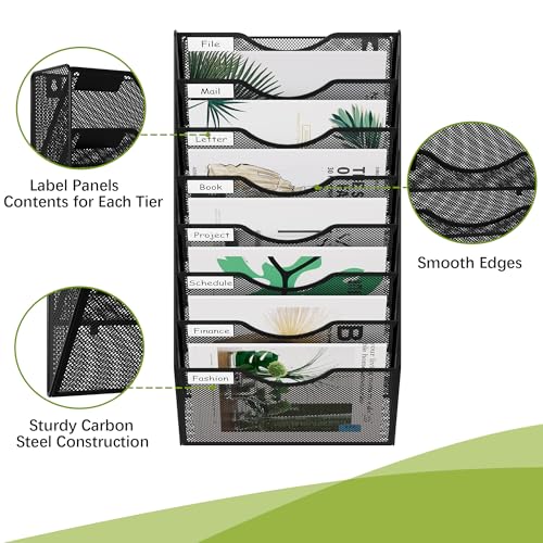 EasyPAG 8 Pocket Mesh Wall File Organizer, Hanging Paper Folder Holder with Classify Label, Vertical Wall Mount Mail Organizer for Office Home Classroom, Black - color: Black, size: 8 Tier