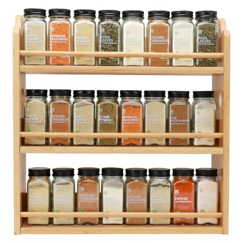 3 Tier Bamboo Spice Rack, Spice Rack Organizer, Seasoning Jars Rack Shelf Spice Organizer for Kitchen Counter or Wall Mounting, Spice Storage Holder with handles, Jars Not Included,Natural - color: Natural with Handles