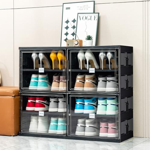 JEKO&JEKO 4 Tiers Foldable Shoe Rack Organizer Cabinet for Closet Entryway, Large Collapsible Shoe Storage Box with Magnetic Doors Fits Up to 16 Pairs (Black) - color: Double-row, size: 4 Tiers
