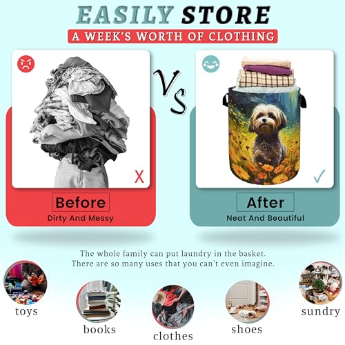 Watercolor Yorkie Laundry Basket Foldable With Handles Cute Dog Flowers Tote Bag Oxford Cloth Animal Dogs Laundry Hamper Clothes Toy Storage Bucket For Bathroom/Laundry/Bedroom 18.9"x16.5 " - color: Watercolor Yorkie With Yellow Floral