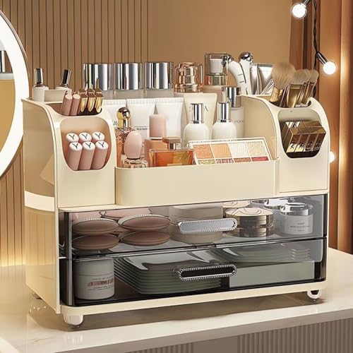 Makeup Organizer with Drawers for Vanity,Bathroom Countertop Organizer with Brushes Holder,Skincare Storage Organizer,Perfect Cosmetic Display Case for Skincare,Lipstick and Beauty Essential (Cream) - color: Cream