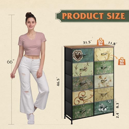 WLIVE Tall Dresser for Bedroom with 10 Drawers, Chest of Drawers, Fabric Dresser for Closet, Hallway, Living Room, Entryway, Floral Painted - color: Floral Painted