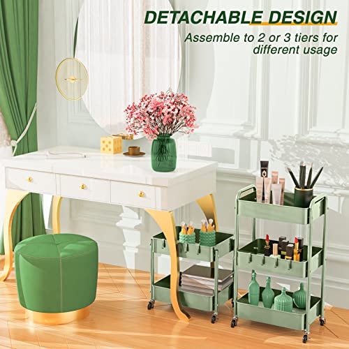 LEHOM 3 Tier Rolling Storage Cart, Metal Trolley Utility Cart with Wheels & Hooks, Easy Assembly Organizer Storage Cart for Bathroom Kitchen Office Bedroom - color: Green