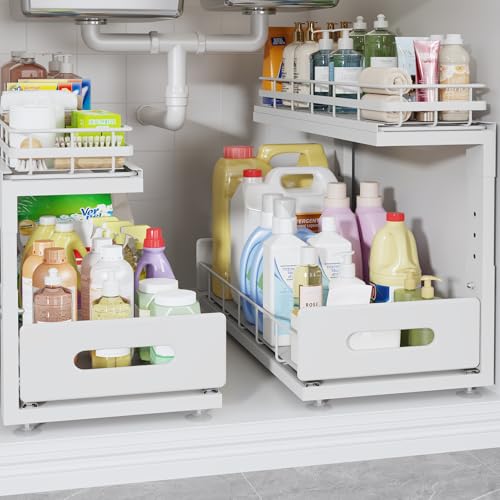 Under Sink Organizer Upgrade To Professional Rails,2-Tier Dual Pull Out Cabinet Storage,Height Adjustable Slide Out Drawers For Bathroom Kitchen,2 Pack-18.5"Dx12.8"-16.9"H,White - color: White, size: 2 Pack-18.5"Dx12.8"-16.9"H