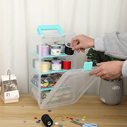 BTSKY Clear Plastic Dividing Storage Box with 4 Deep Compartments Adjustable Storage Bin with Lid Portable Craft Storage Container Multipurpose Sewing Box Art Supply Organizer, 13.9x7.9x6.2 Inches - size: 13.9x7.9x6.2 Inches-Clear