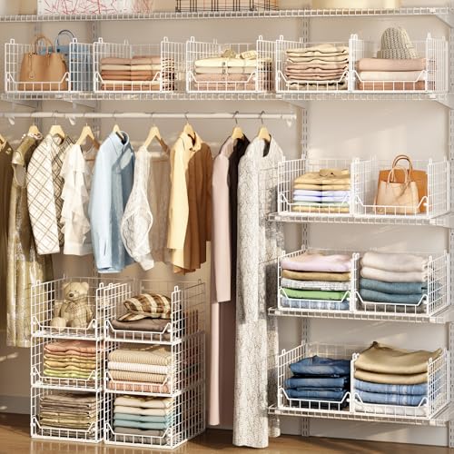 Jakyitvi 6-Tier Closet Shelf Organizer,Metal Stackable Closet Organizers and Storage,Clothes Storage Bins,Shelf Organizer Basket,Folded Shelf Organizer for Closet Wardrobe,White - color: White, size: 6 Tier