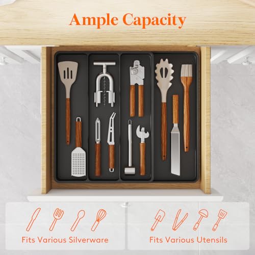Lifewit Utensil Organizer for Kitchen Drawer, Expandable Cooking Silverware Tray, Adjustable Cutlery Flatware Holder, Plastic Spatula Tools Storage Divider, 17.3 x 15.8", Black - color: Black, size: 17.3*15.8*1.8 inch (4 Slots)