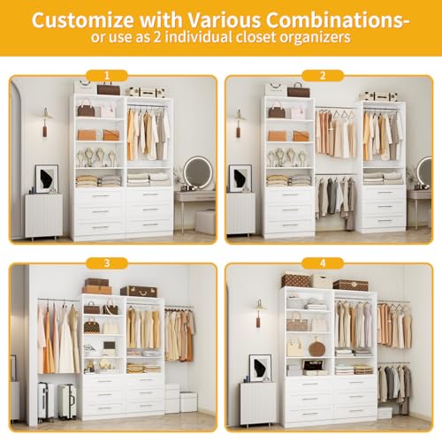Closet System with 6 Drawers, Wood Closet Organizer System, Walk-in Closet or Small Closet System with Shelves, Modular Closet Systems with 3 Expandable Hanging Rods, 2 Sets, White (4FT) - size: 4FT